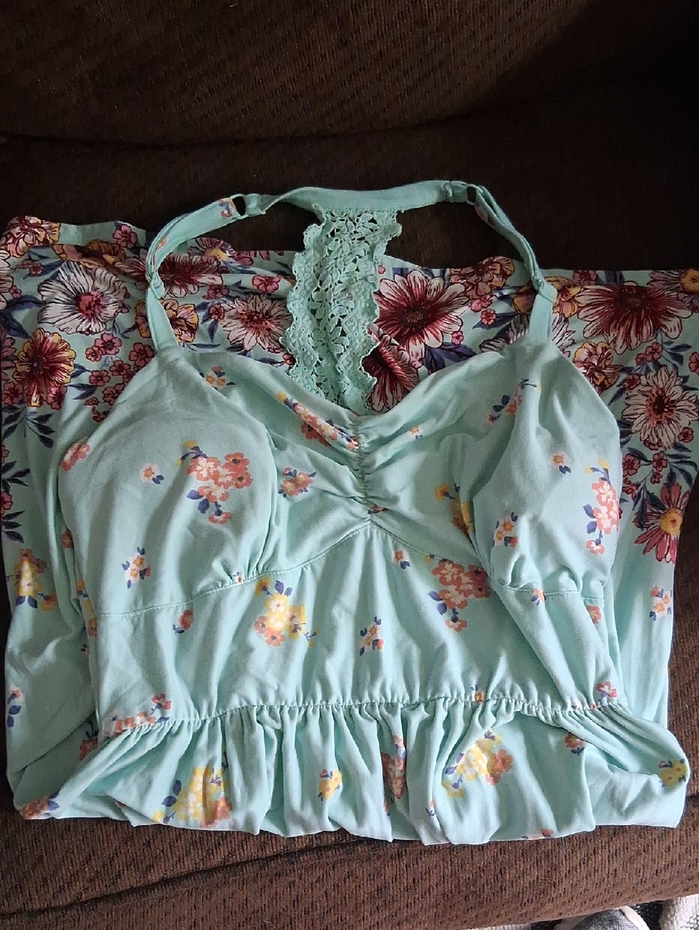 No Boundaries Mint Green Floral Lace-Back Camisole